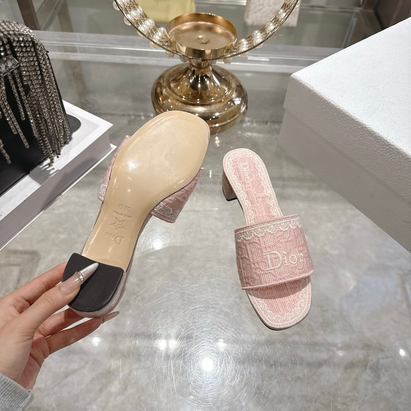 CD 26 Embroidered Sandals 45mm Pink White Canvas 592241