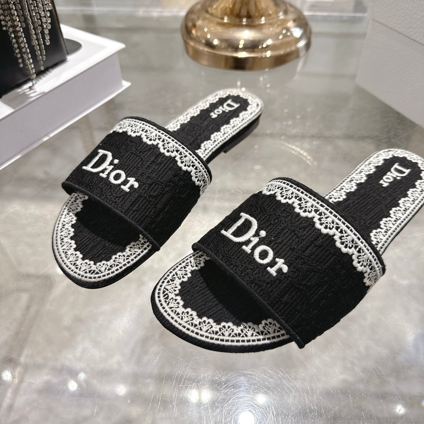CC 26 Embroidered Sandals Black White Canvas 592246