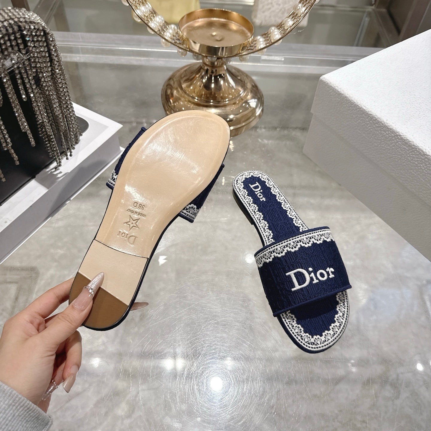 CC 26 Embroidered Sandals Blue White Canvas 592244