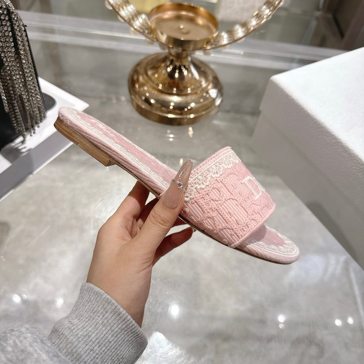 CD 26 Embroidered Sandals Pink White Canvas 592245