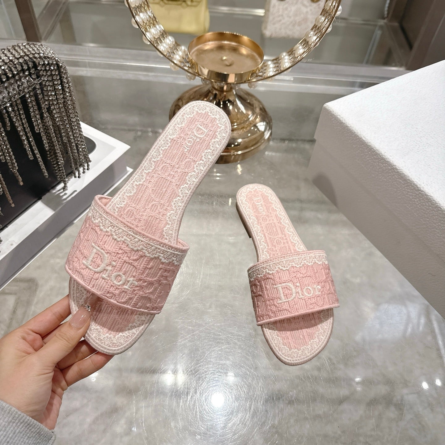 CD 26 Embroidered Sandals Pink White Canvas 592245