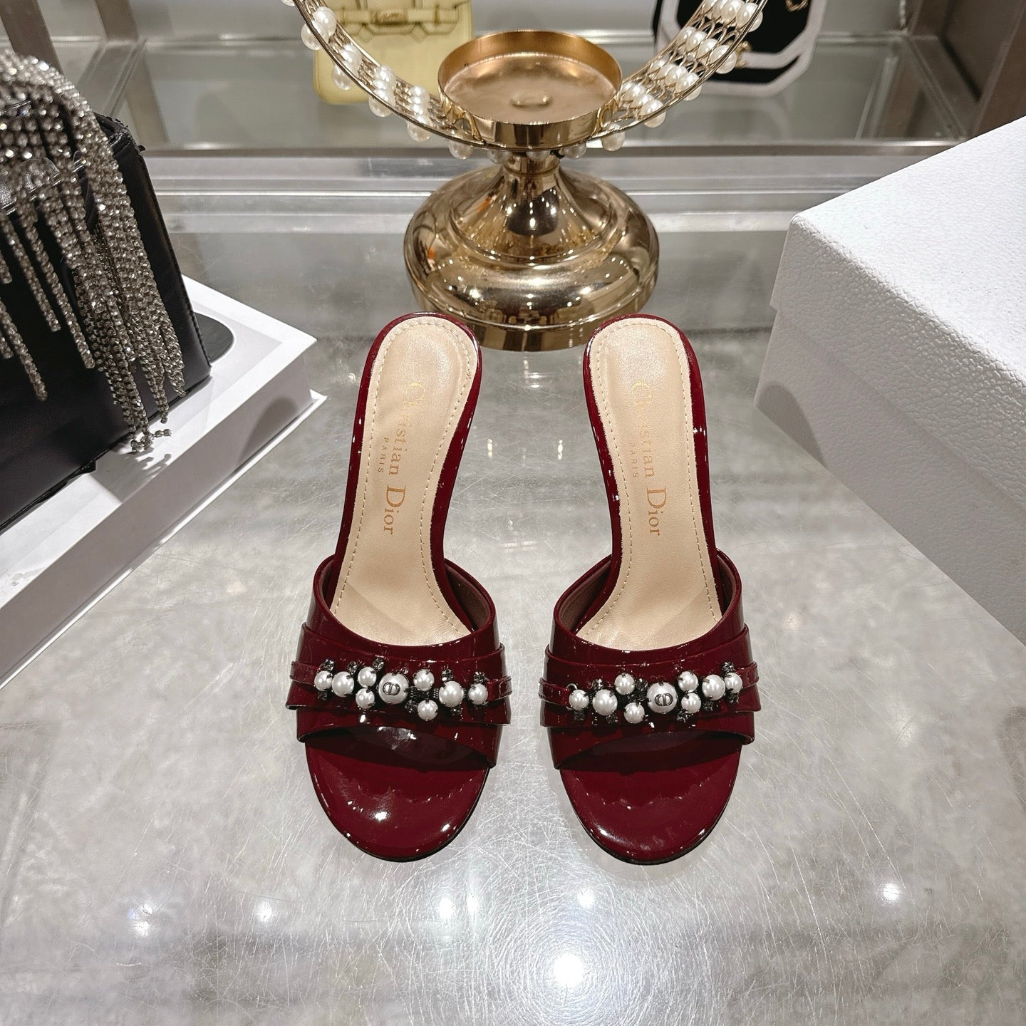 CD 26 High-Heeled Mules 85mm Pearl Dark Red Patent Leather 592253