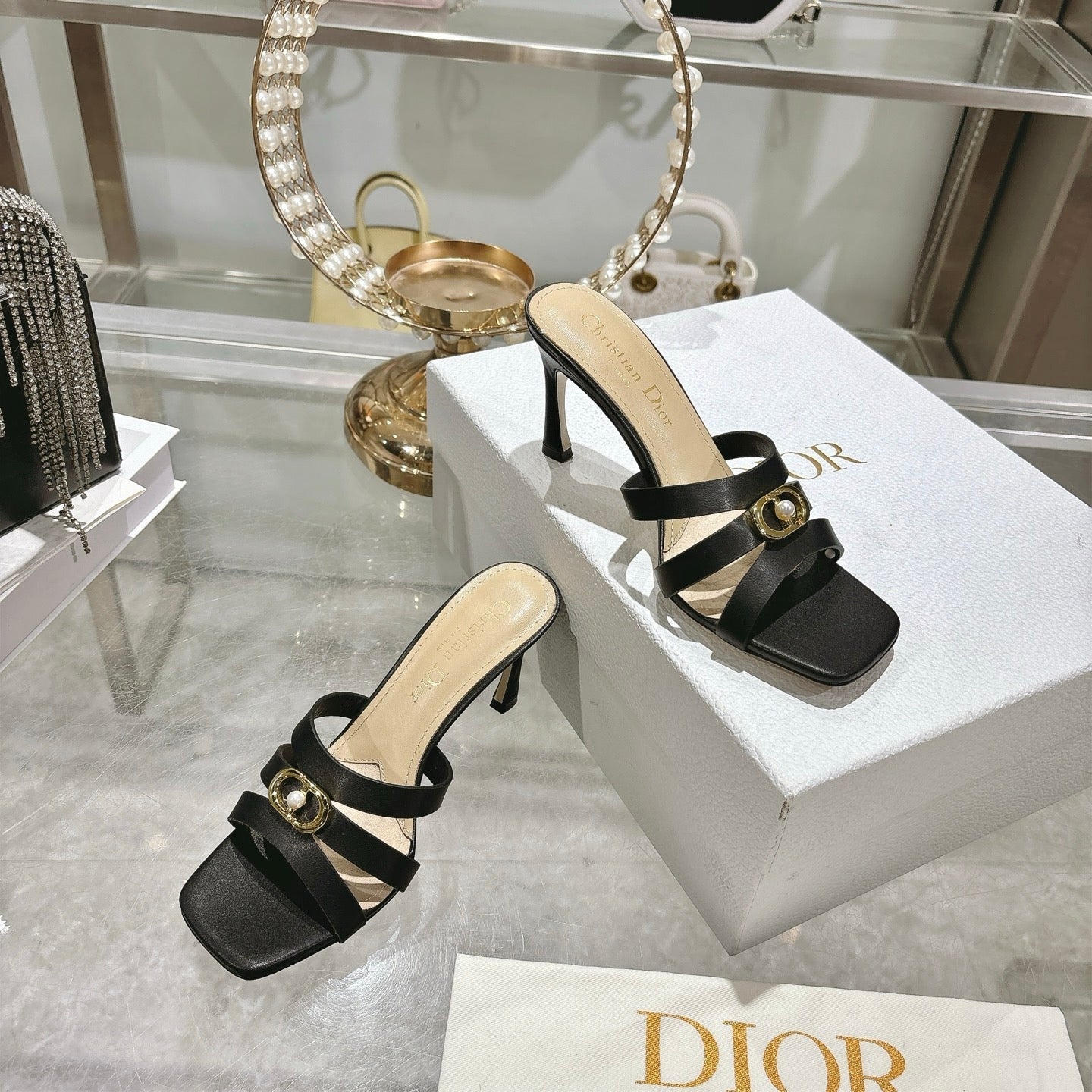 CD 26 High-Heeled Sandals 75mm Black Beige Leather 592255