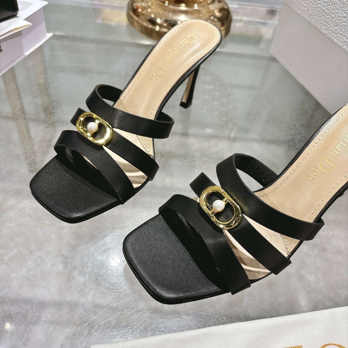 CD 26 High-Heeled Sandals 75mm Black Beige Leather 592255