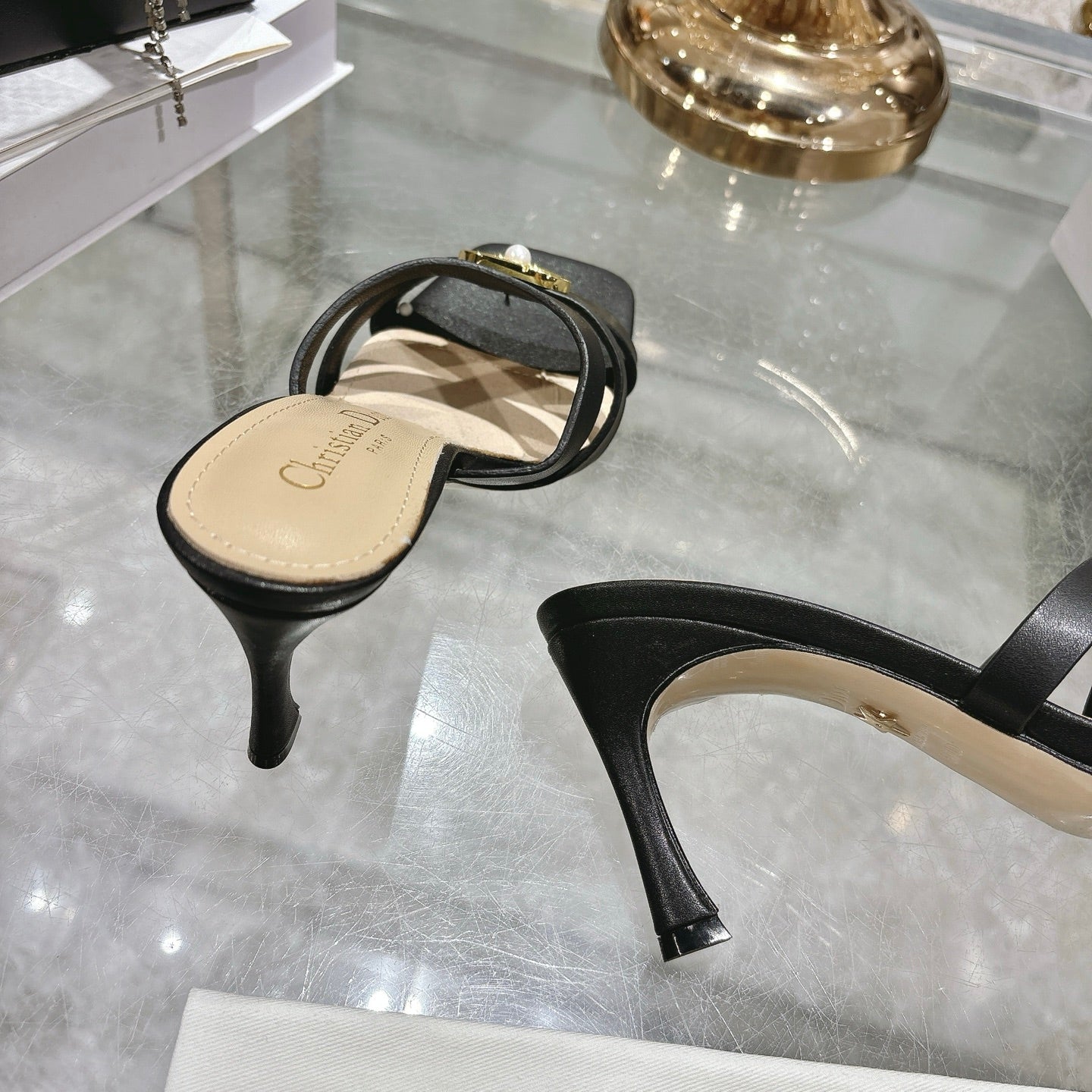 CD 26 High-Heeled Sandals 75mm Black Beige Leather 592255