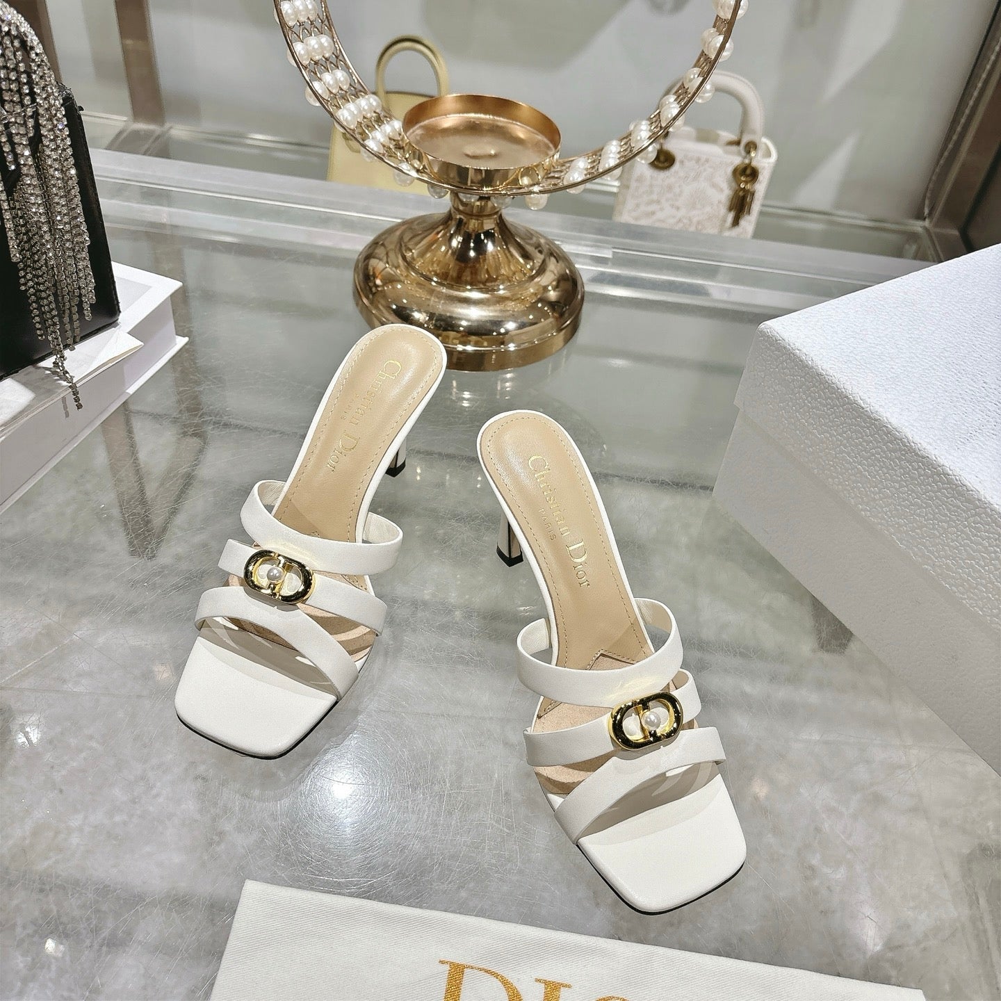 CD 26 High-Heeled Sandals 75mm White Beige Leather 592256