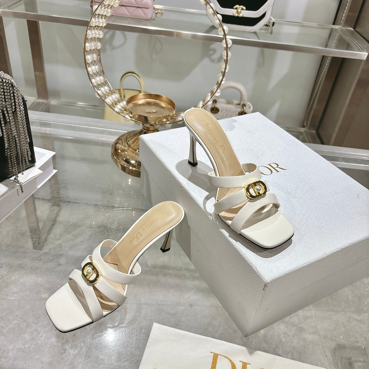 CD 26 High-Heeled Sandals 75mm White Beige Leather 592256