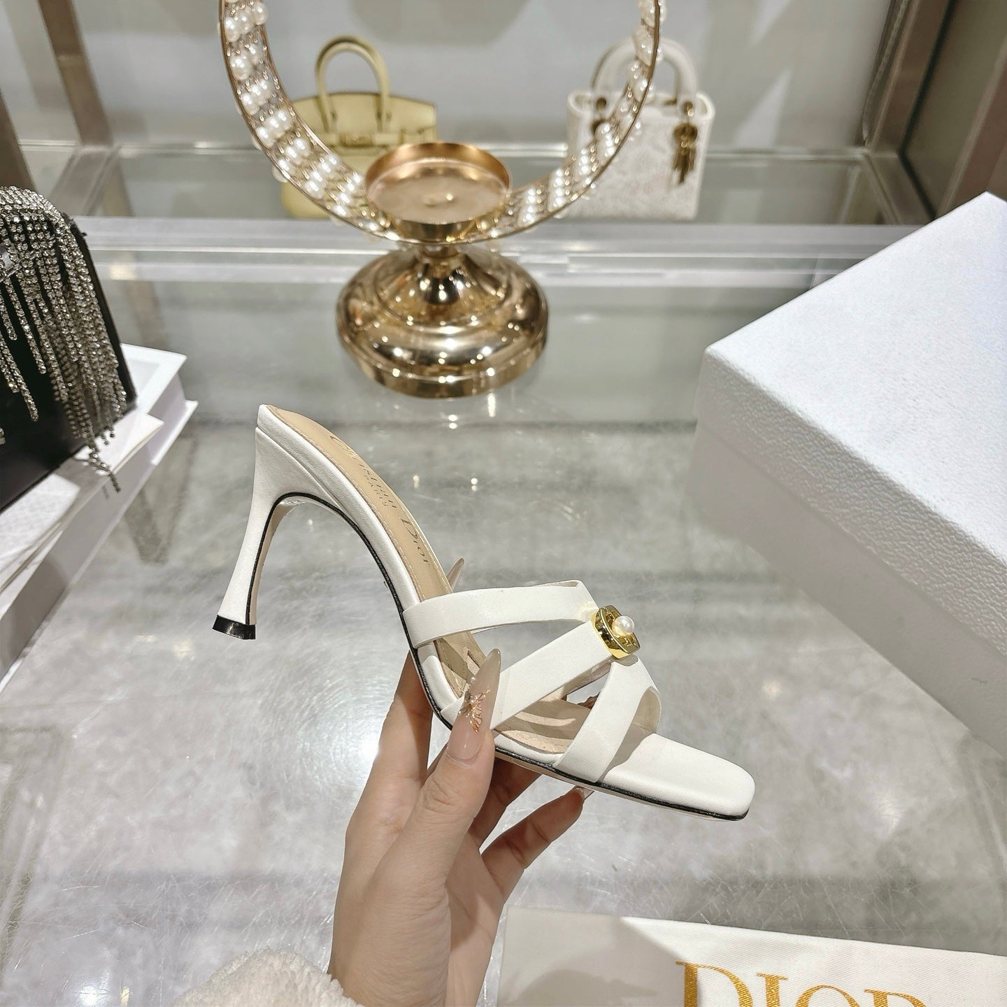 CD 26 High-Heeled Sandals 75mm White Beige Leather 592256