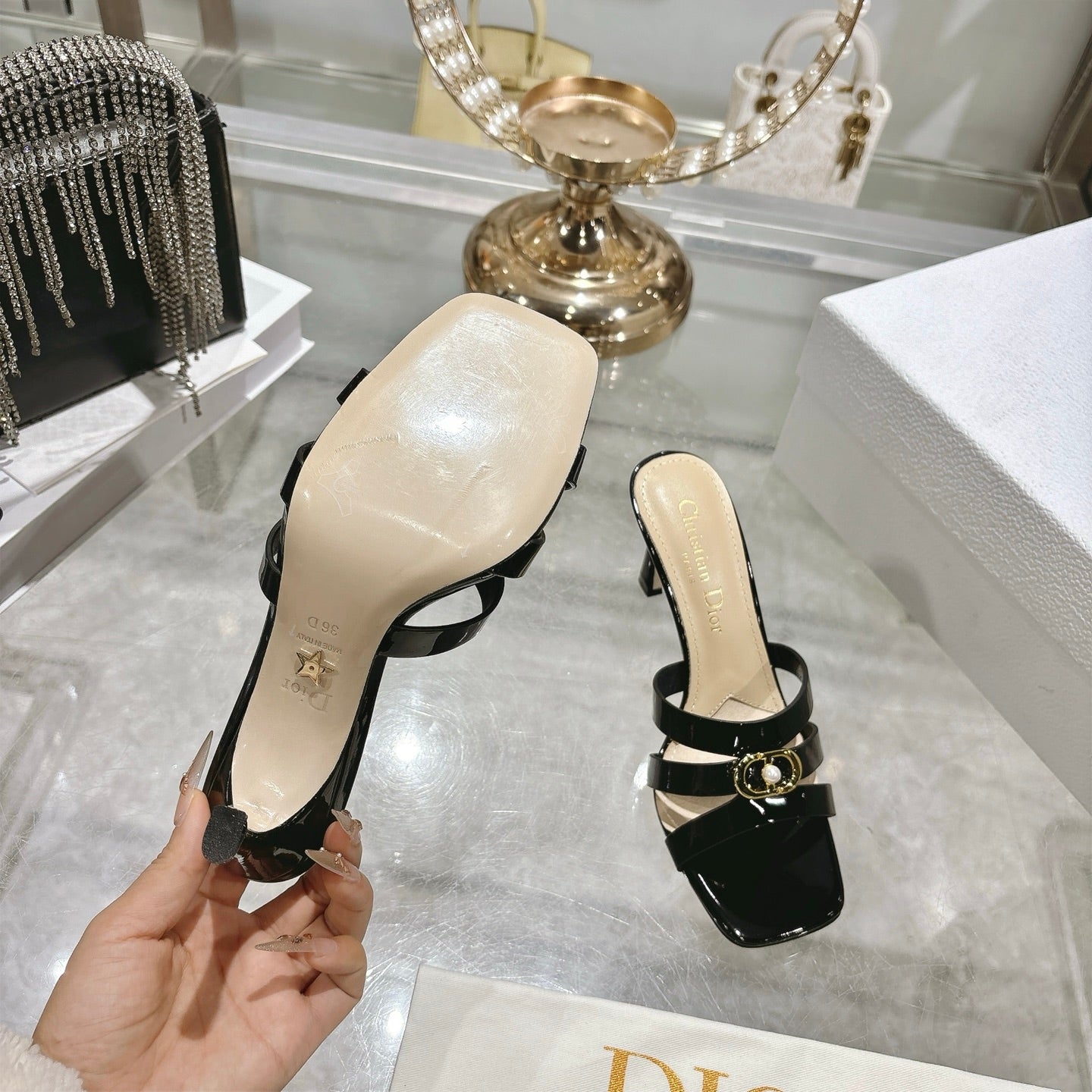 CD 26 High-Heeled Sandals 75mm Black Patent Leather 592258