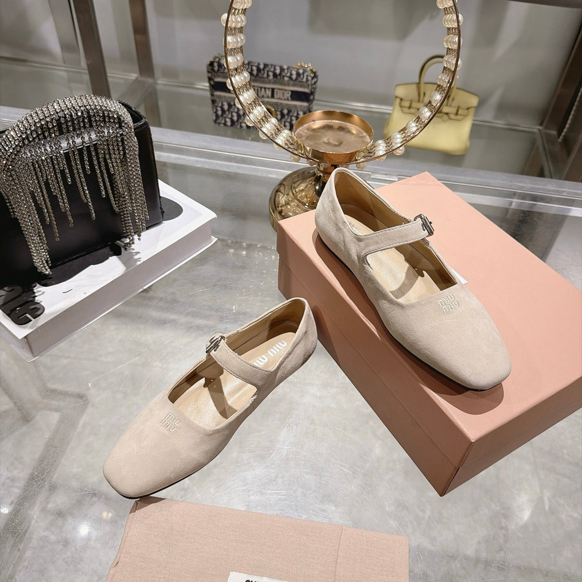 Miu Miu 2026 Square Toe Ballet Flats Suede 999626