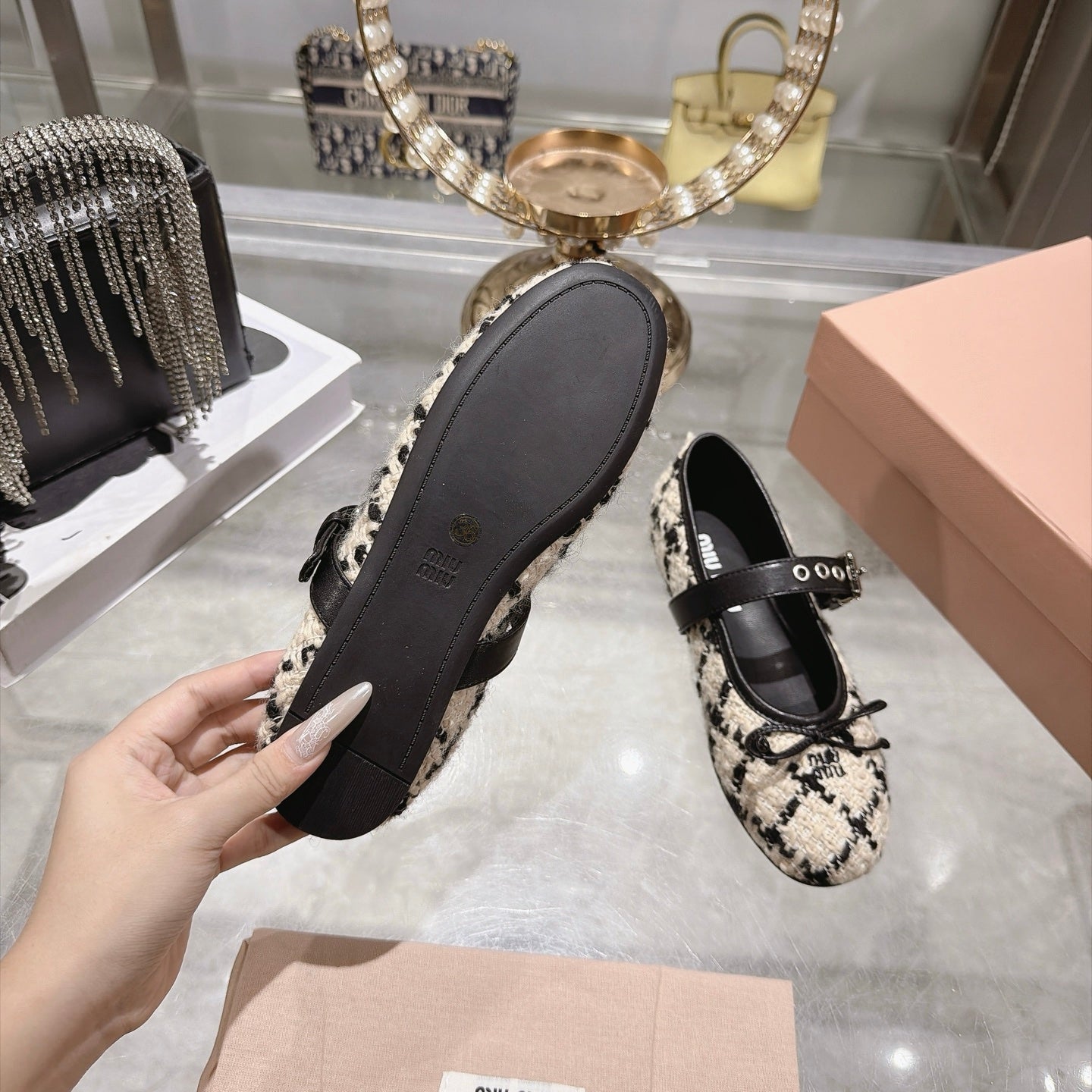 Miu Miu 2026 Bouclé Check Ballet Flats Tweed Leather 999630