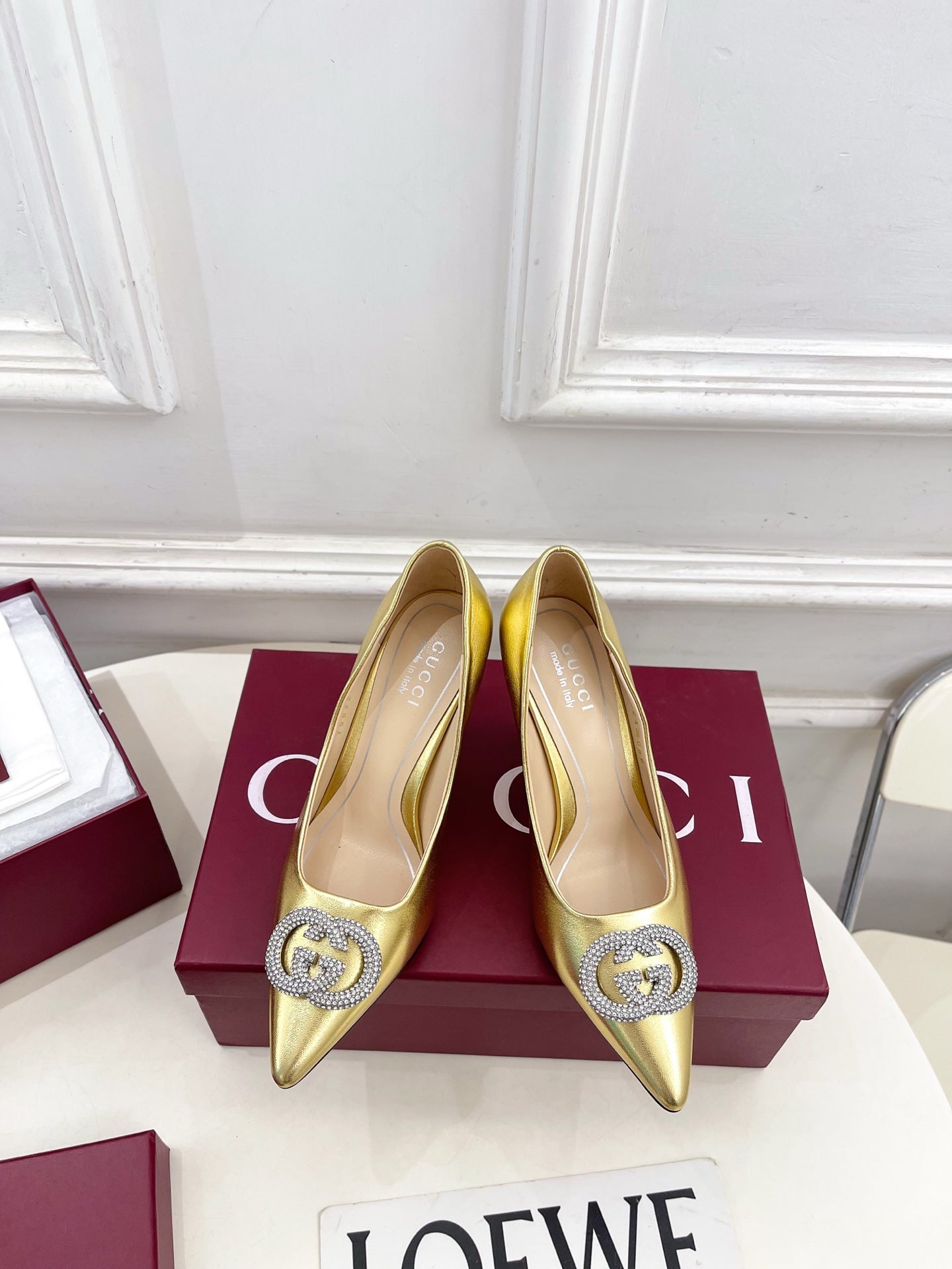 GG 26 High-Heeled 85 Pumps Gold Metallic Cowhide 587078