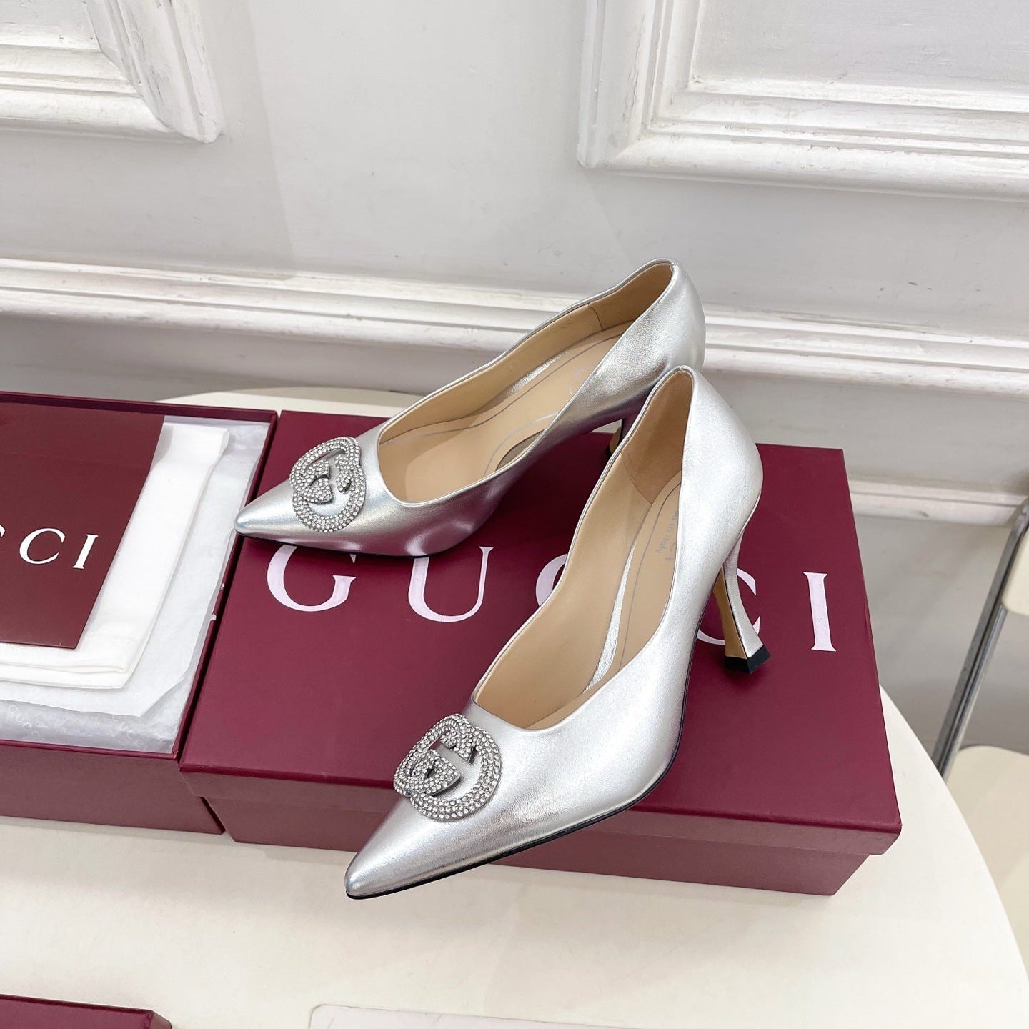 GG 26 High-Heeled 85 Pumps Sliver Metallic Cowhide 587079