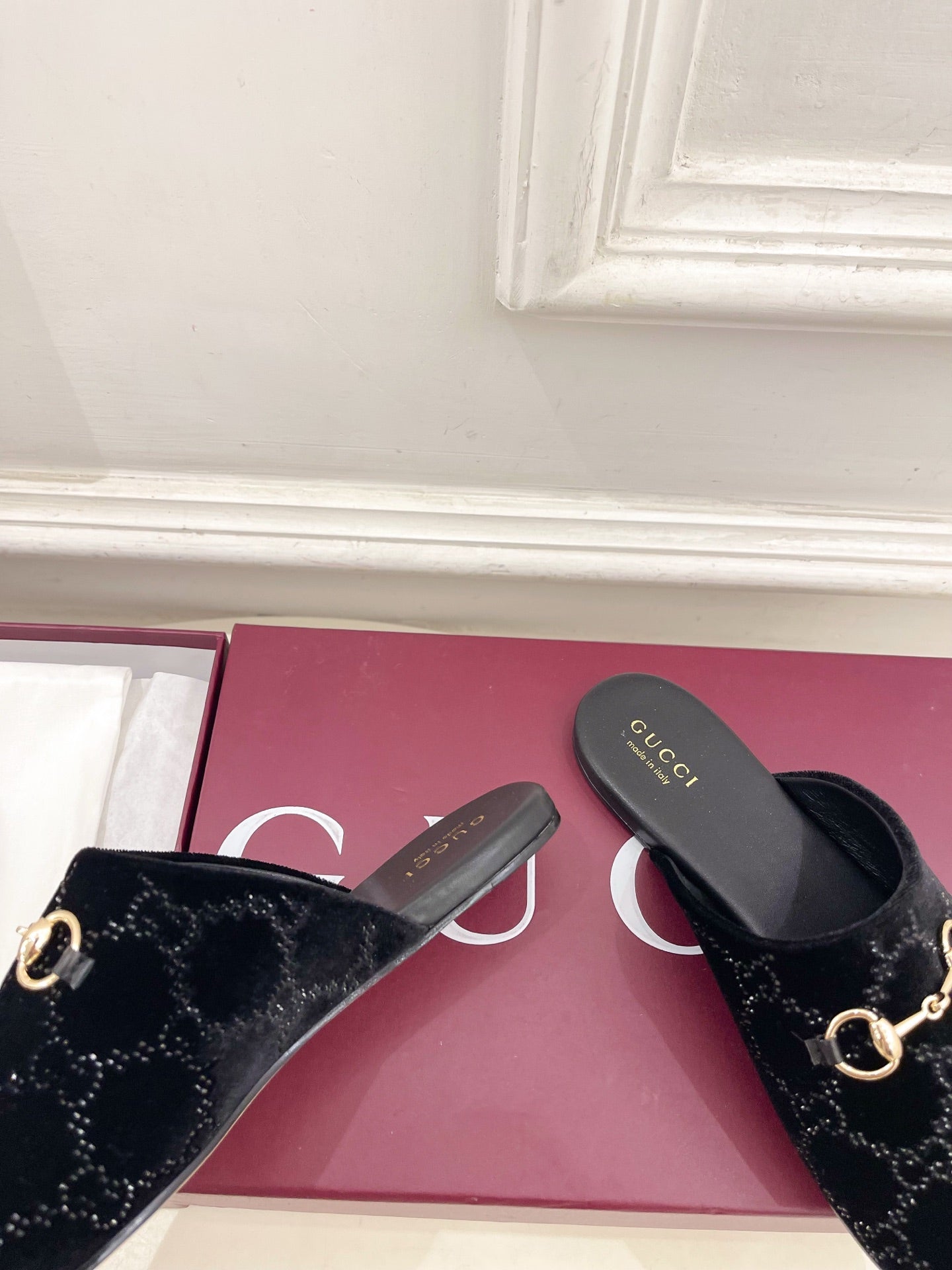 GG 26 Horsebit Flat Mules Rhinestones Black Velvet 587080