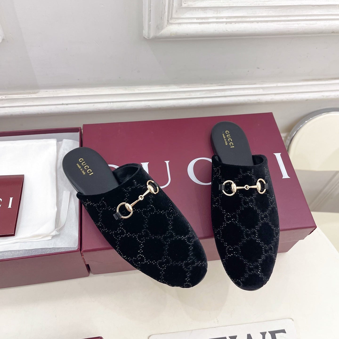 GG 26 Horsebit Flat Mules Rhinestones Black Velvet 587080