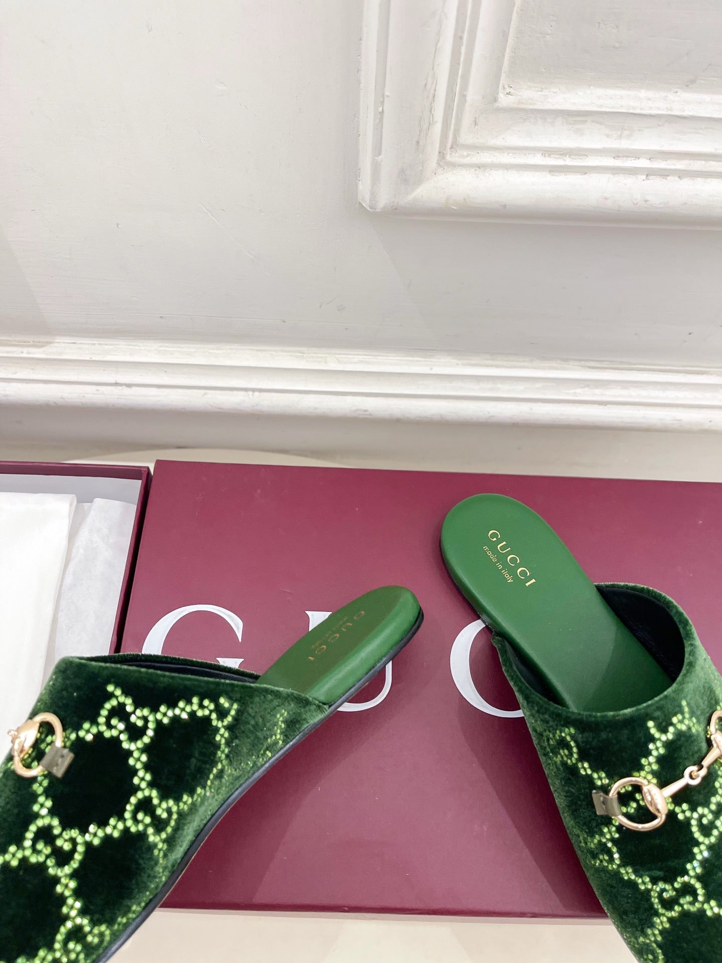 GG 26 Horsebit Flat Mules Rhinestones Dark Green Velvet 587082
