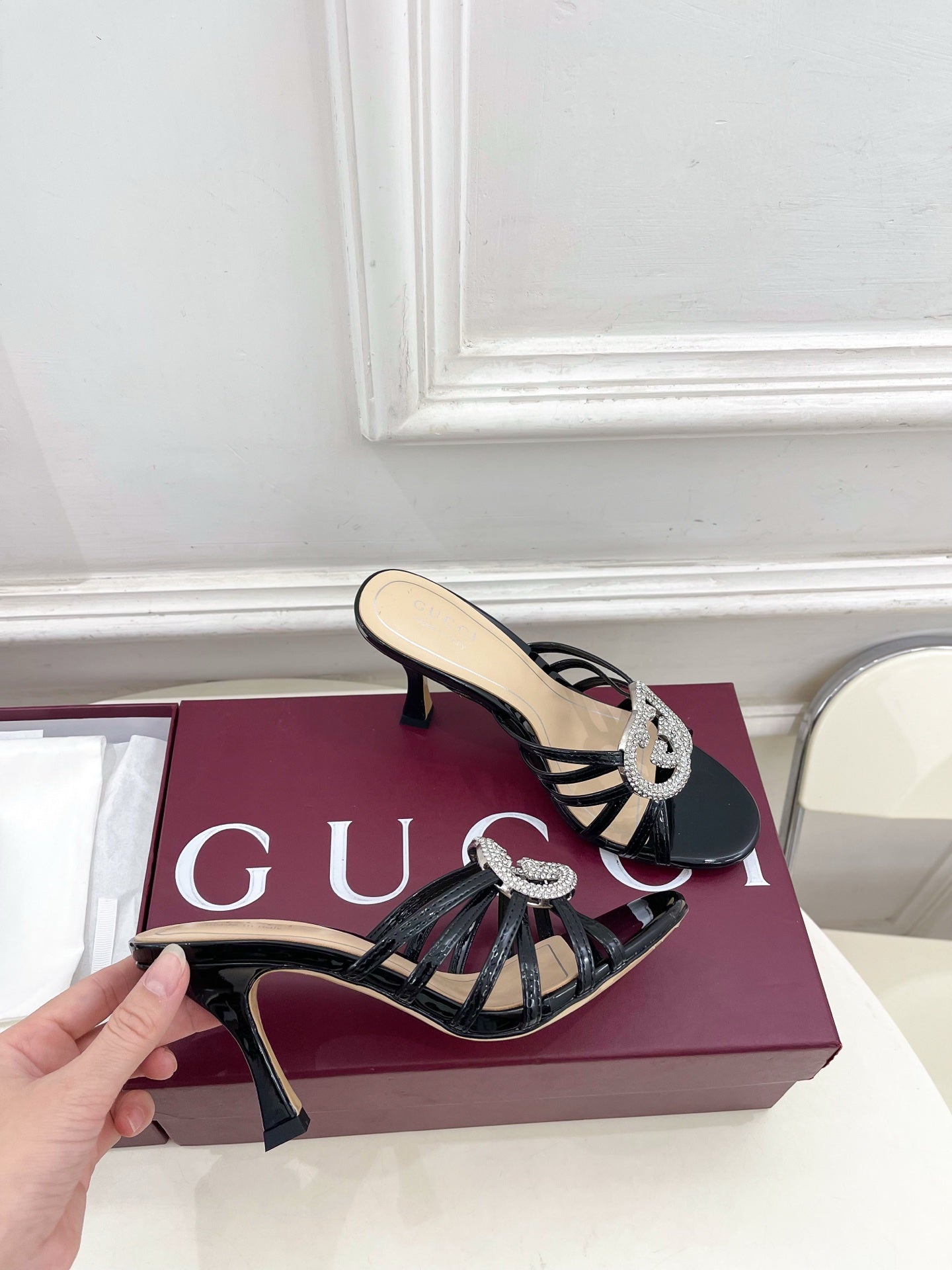 GG 26 High-Heeled Mules 85 Black Beige Patent Leather 587083