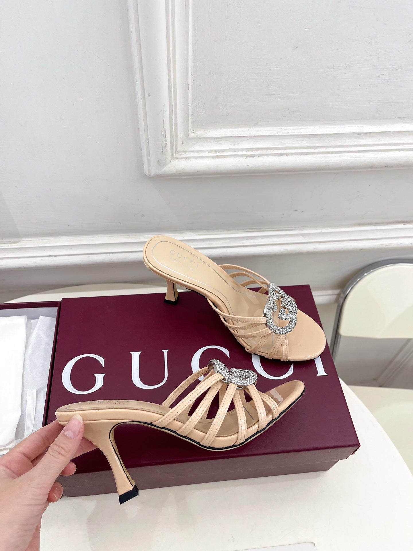 GG 26 High-Heeled Mules 85 Beige Patent Leather 587086