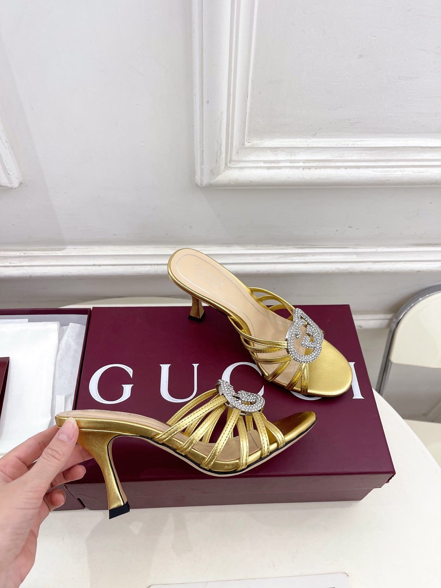 GG 26 High-Heeled Mules 85 Gold Metallic Leather 587087