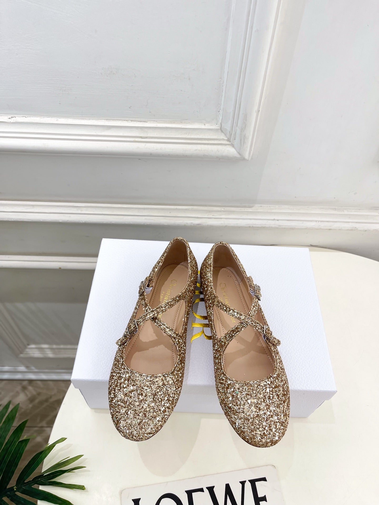 Dior 2026 Cross-Strap Ballet Flats Gold Glitter Leather 966828