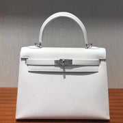 HM KELLY 25CM PURE WHITE EPSOM LEATHER SILVER HARDWARE