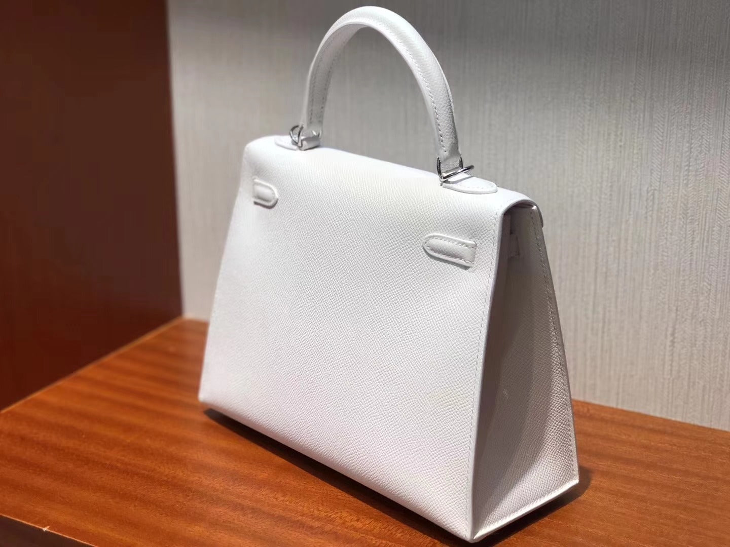 HM KELLY 25CM PURE WHITE EPSOM LEATHER SILVER HARDWARE