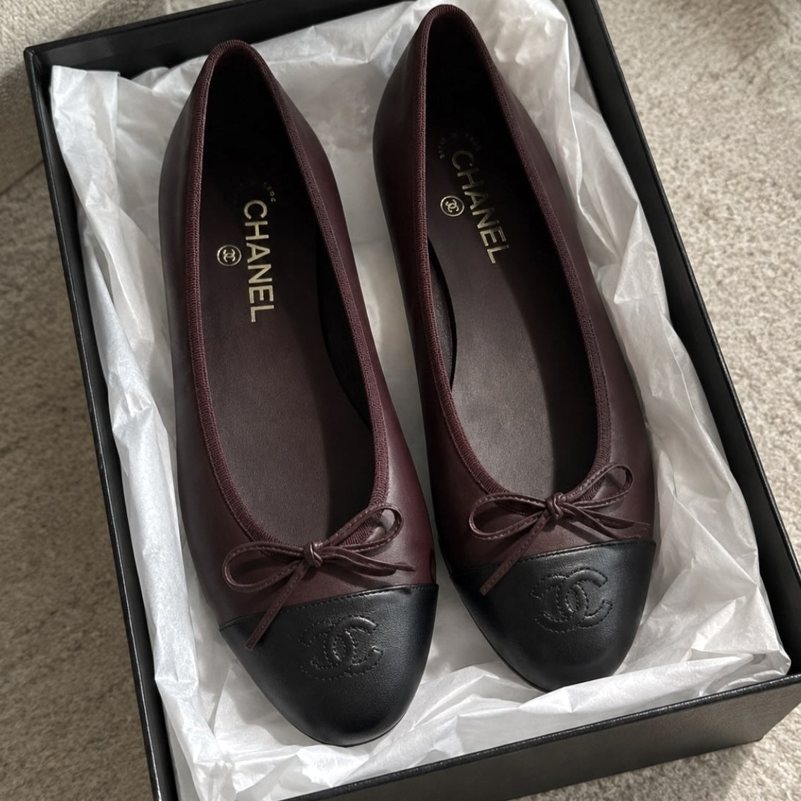 Chanel 2026 Ballet Flat Deep Burgundy Mix Black Lambskin