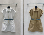 LV 25S Blue Belted Dress White Brown Cotton Polyester