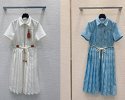 LV 25 Pleated Trendy Dress White Blue Poliester