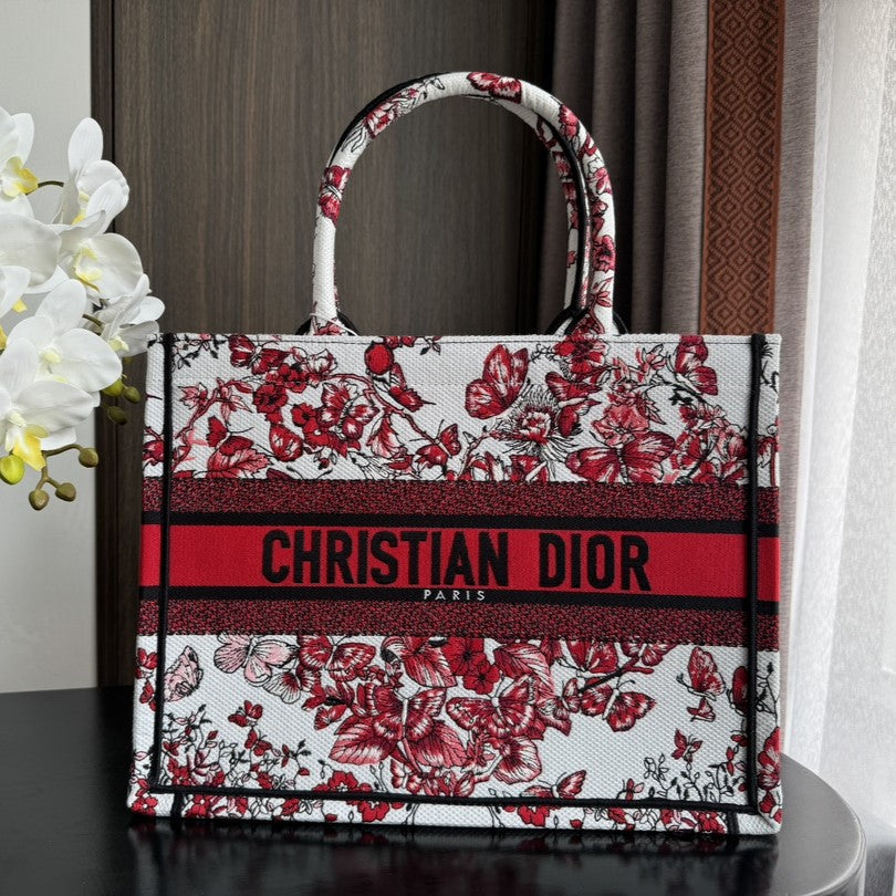 Medium CD Book Tote 36cm White and Red Heart Butterfly Embroidery
