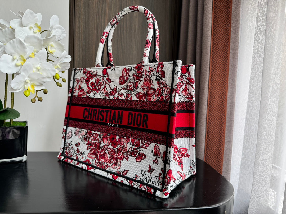 Medium CD Book Tote 36cm White and Red Heart Butterfly Embroidery