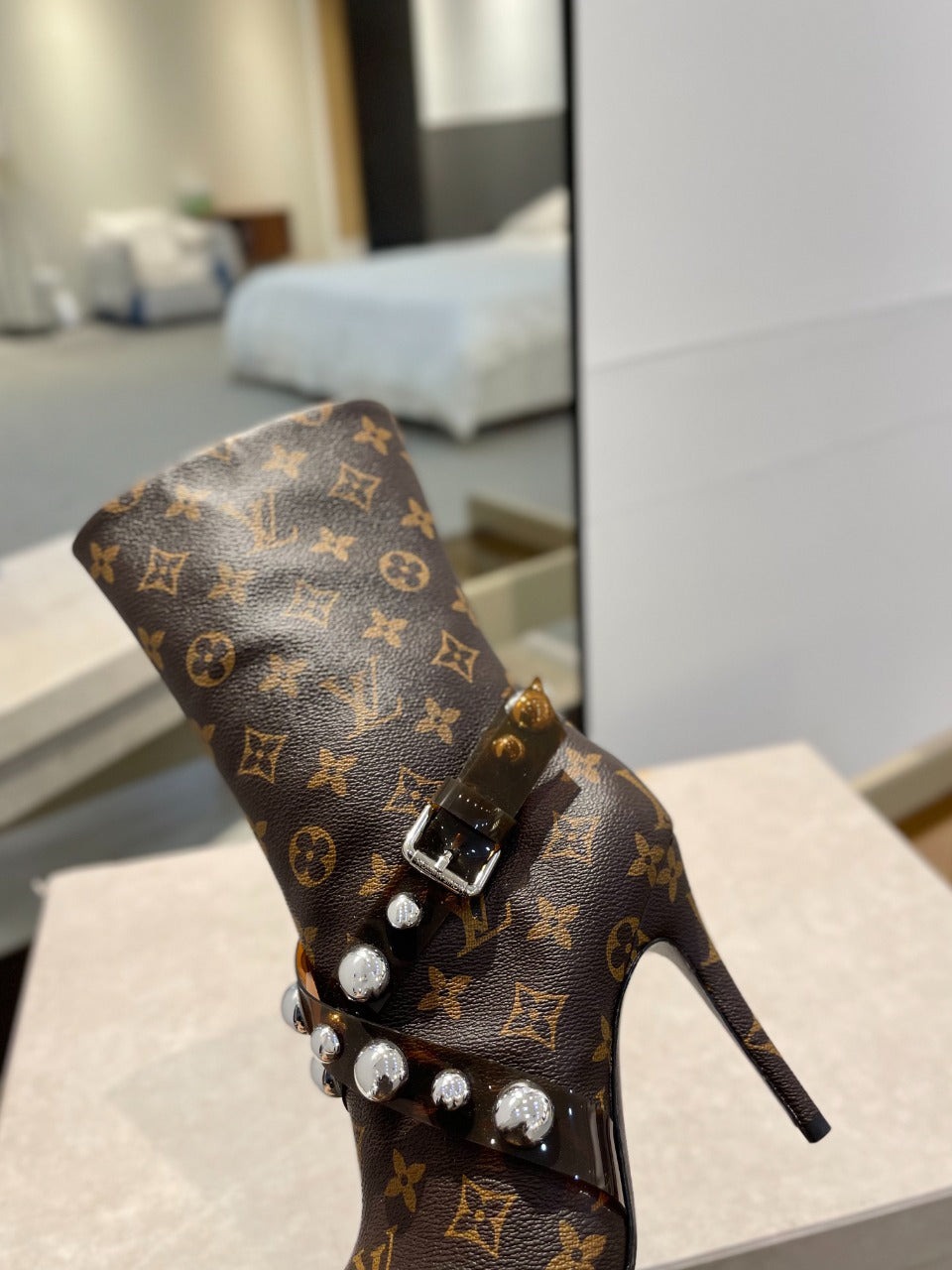 LV Ankle Boots 100mm Dark Brown Monogram Lambskin